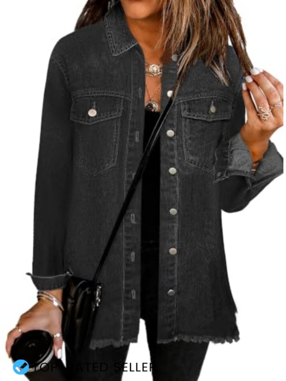 Women's Oversized Distressed Denim Shacket Long Sleeve Casual